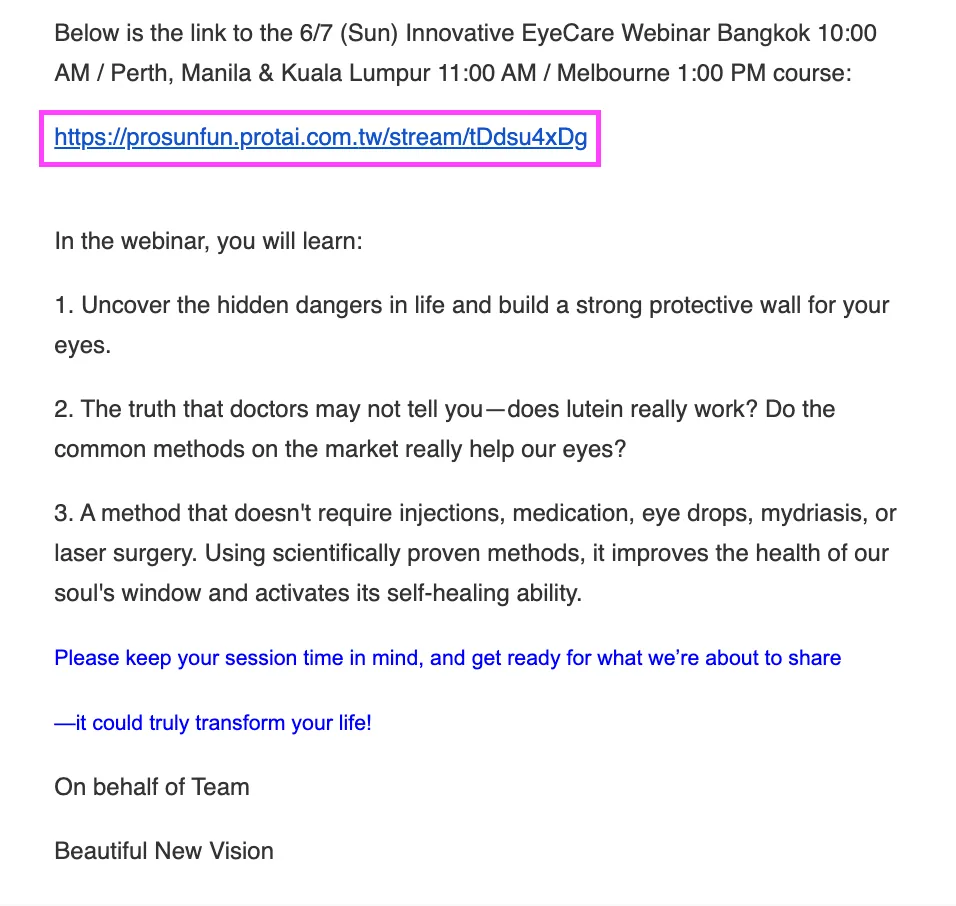 Webinar registration step 3: Scroll down the email, it will include your webinar access link.